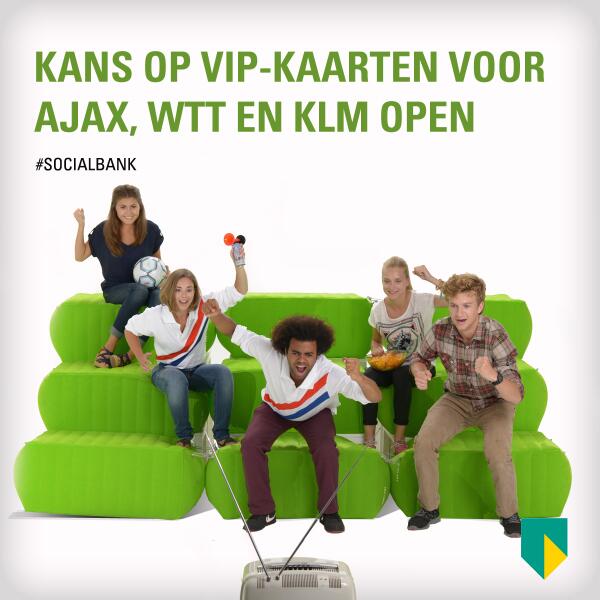 Je maakt al kans op VIP kaarten voor #ajax, #abnamrowtt en #KLMOpen als je dit bericht retweet! #socialbank