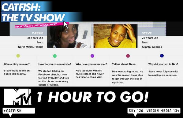 MTVCatfishUK's tweet photo. 1 HOUR TO GO until BRAND NEW #Catfish! Tune into MTV at 9 see if Cassie’s FIANCÉ is really who he says he is. RT http://t.co/sRiFX3wnww