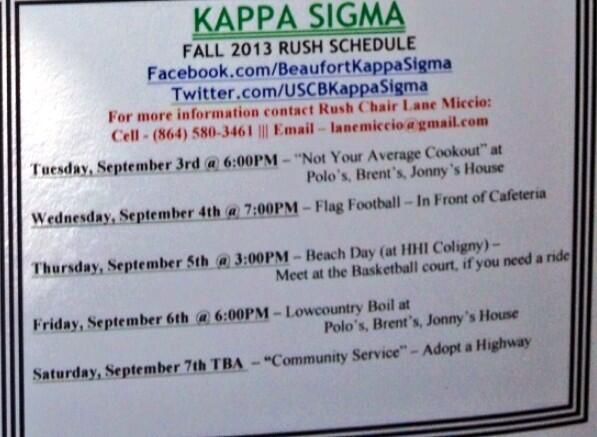 USCBKappaSigma's tweet photo. RUSH WEEK is here!! Here's a look at the upcoming rush events this week.       #rushweek #KappaSigma http://t.co/kwCBDg10Dm