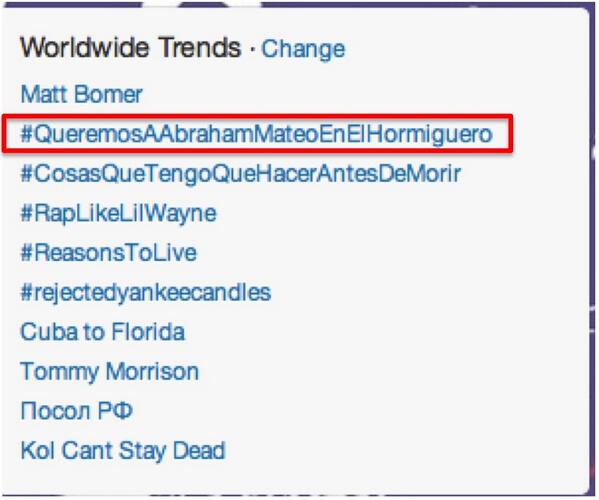 AbrahamMateo's tweet photo. Chic@s, TT mundial con #QueremosAAbrahamMateoEnElHormiguero en Segundo lugar! Mandad la captura a @El_Hormiguero Oqm! http://t.co/0KEk0gtViA
