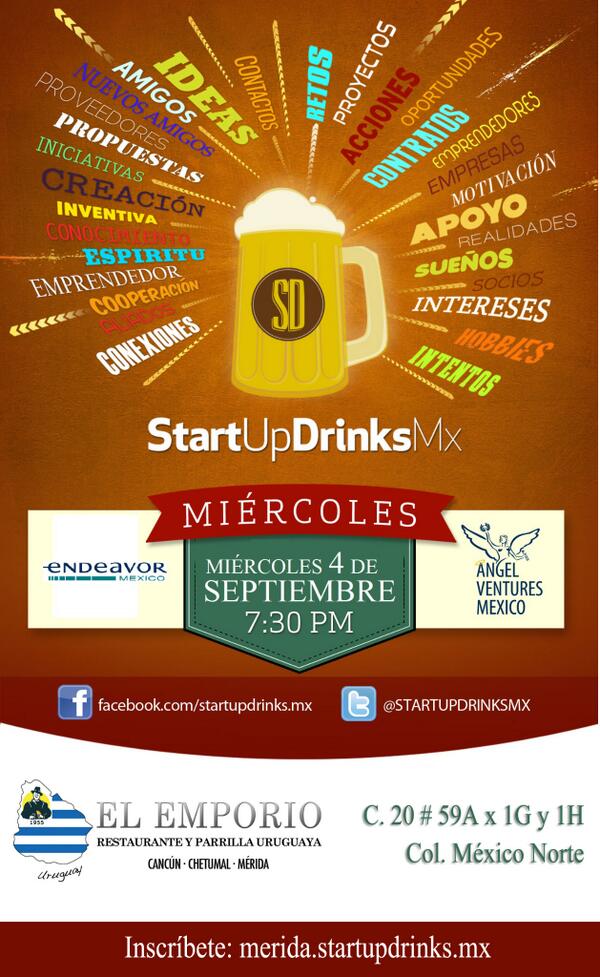 SW_Merida's tweet photo. ¡Emprendedores y empresarios en un solo lugar! #StartupDrinks en Mérida. Organizado por @EndeavorYucatan ¡Participa! http://t.co/krtHIzpnIy