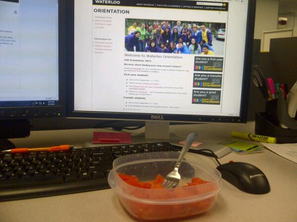 g_finnie's tweet photo. Watermelon at my desk preparing for day 3 of #UWOW13 and @uWaterloo #gradorientation tomorrow! http://t.co/xfwh1XGfN9