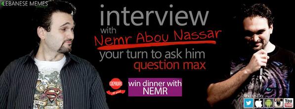 _LebaneseMemes_'s tweet photo. Interview with @NEMRCOMEDY @NemrFanClub next saturday 9 pm Winners will have lunch with him @Crepaway BCC :) Enjoy! http://t.co/qiNR5HeBij