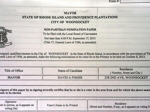 Picked up #fisherformayor nomination forms. Registered voter in Woony? DM your address. I'll come get your signature