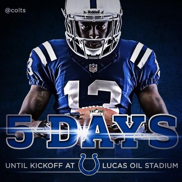 nfIcolts's tweet photo. Who's excited? Only 5 days left until #ColtsKickoff.
Tune in on Sep. 9 at 10:00am for #OAKvsIND! http://t.co/NyTdXTsyK3
