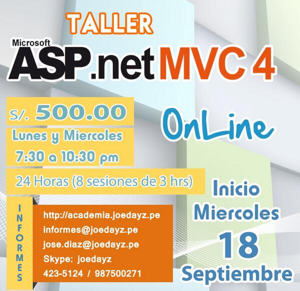 joedayz's tweet image. Taller ASP NET MVC 4 online. Inscripciones abiertas #aspnetmvc4 #JoeDayzOnline