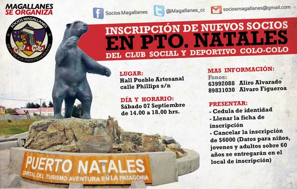 Magallanes_CC's tweet photo. #ATENCIÓN ESTE SÁBADO 7 DE SEP. EN #PtoNatales CAPTACIÓN MASIVA DE SOCIOS @marcelobarti @CSDColoColo http://t.co/Sij1sltp8y