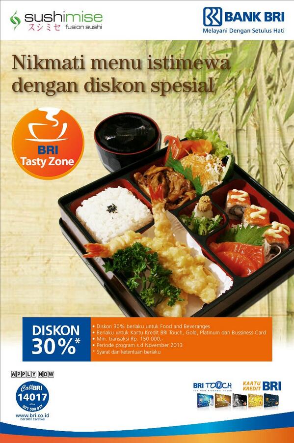 good promo! RT <a href="/promo_BRI/">BANK BRI</a>: Nikmati Menu Istimewa Dengan Diskon Spesial 30% Dari Kartu Kredit BRI <a href="/SushiMiseID/">SushiMise</a>