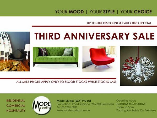 ModeStudioWA's tweet image. Mode Studio is having its 3rd anniversary sale! All stock is marked from 30-50% off, for a limited time only,