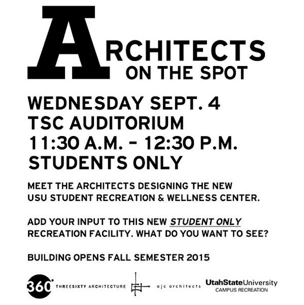 USUCampusRec's tweet photo. Architects on the Spot starts at 11:30 a.m. in the TSC Auditorium. Speak up and get what you want in the #USUSRWC http://t.co/vjrzO6JXnx