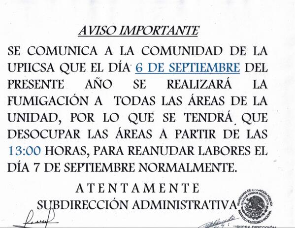 UPIICSA_IPN's tweet photo. Viernes 6 de sep. se cerrará la UPIICSA a las 13:00 hrs. Reanudando labores de forma normal el día 7 de sep. http://t.co/Yp7Fhy3iuu