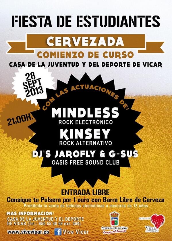 vicarjoven's tweet photo. CERVEZADA, 28 sept. Actuaciones de MindLess y Kinsey. 1€ barra libre de cerveza hasta fin de existencias. #ViveVicar http://t.co/7HajJDxDbh