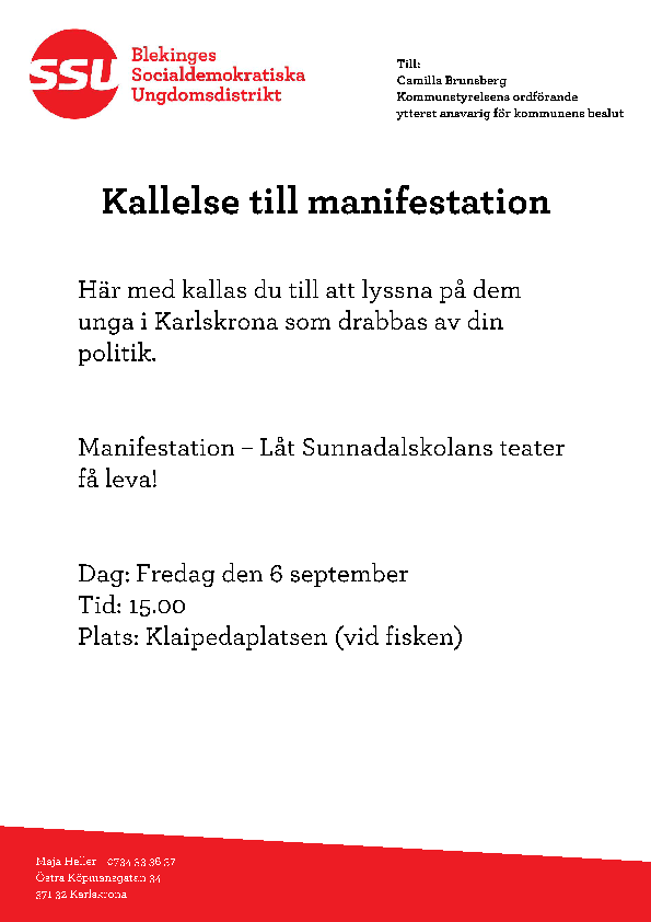 SSUBlekinge's tweet photo. Här får @Brunsberg kallelse till manifestationen imorgon. #blepol #sunnadalsteatern http://t.co/ceYoYDd8h4