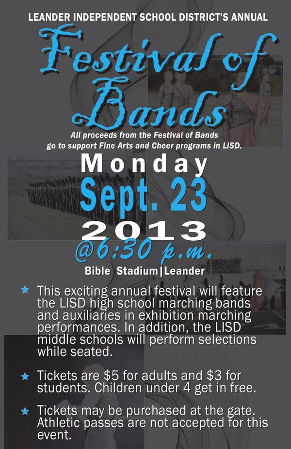 LeanderISD's tweet photo. Monday, September 23, Leander ISD will host its annual Festival of Bands at Bible Stadium in Leander, 6:30 p.m. http://t.co/HScgqfP4Lz