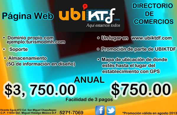 UbiktDF's tweet photo. @DistritoFederaI  Anuncia tu negocio o comercio a todo el DF por $750 anual en http://t.co/Pn526HBKCi directorio web http://t.co/bEXlZreAPT