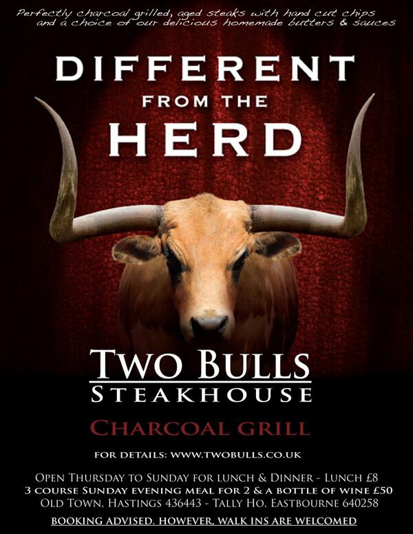 TwoBullsSteak's tweet photo. No ordinary steakhouse! Top up on the best steak around before Seafood fest! Open all weekend #eastbourne #hastings http://t.co/Hef6BwdcRE
