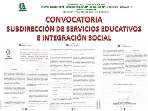 UPIICSA_IPN's tweet photo. AVISO IMPORTANTE: Convocatoria para Subdirección de Servicios Educativos e Integración Social de la UPIICSA. http://t.co/I2ggTxY0fz