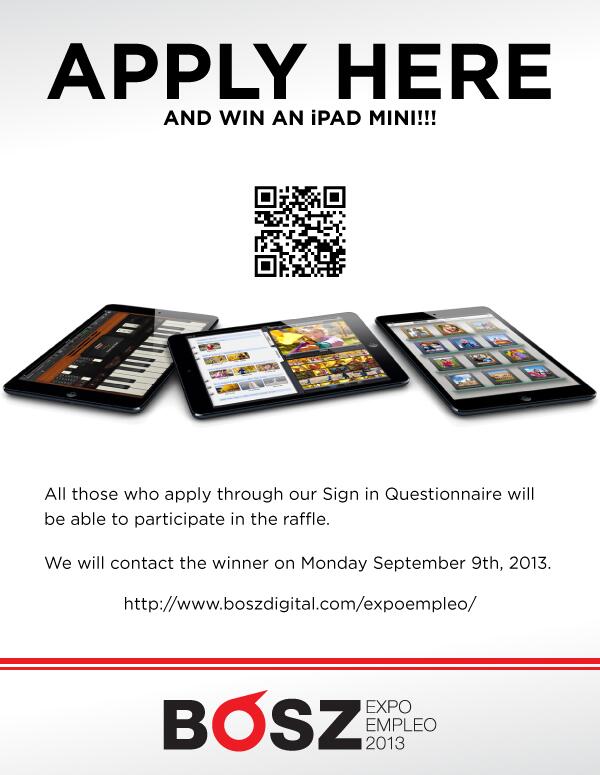 BoszDigital's tweet photo. Apply here and win an iPad Mini!!! #BoszDigitalCR #Expoempleo2013 #Stand228 http://t.co/5MJ4qL9GFo