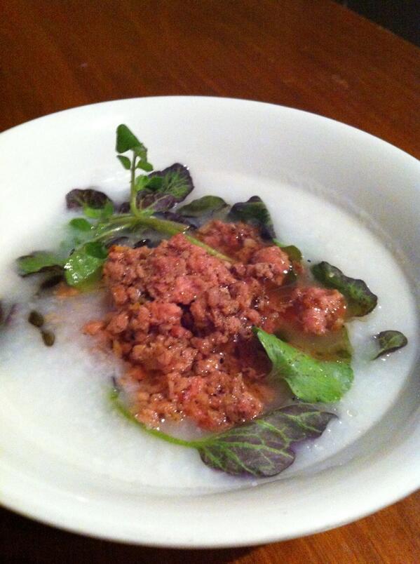 Rice congee with black pepper minced pork, salted fish &amp; B&amp;W red watercress. @LUCKYRICEFEST  tonite