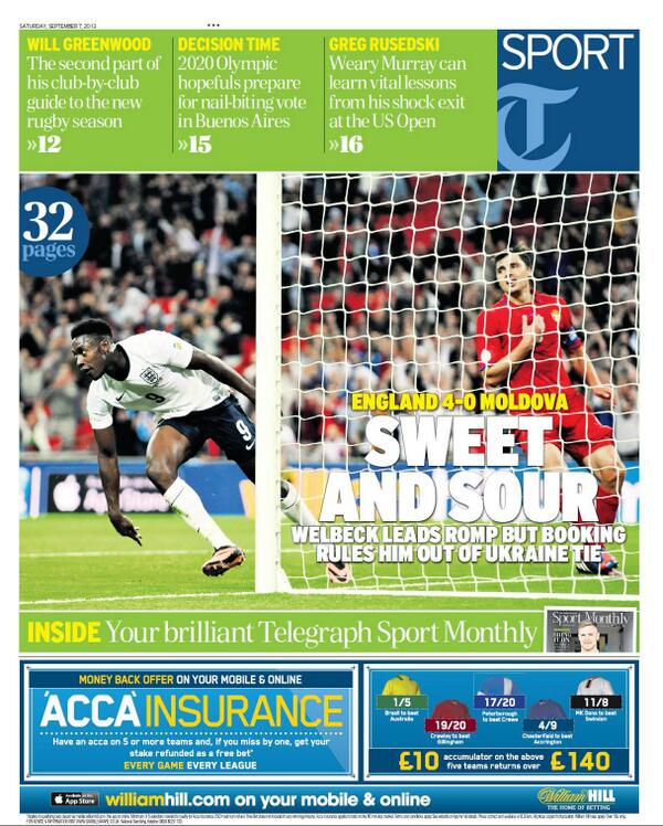 suttonnick's tweet photo. Saturday's Telegraph Sport front page - "Sweet and Sour" #tomorrowspaperstoday #bbcpapers #ENGvMOL http://t.co/a3zNcq7hmh