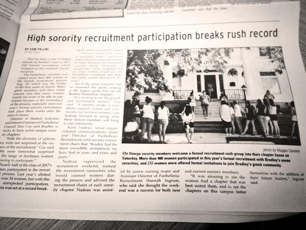 Molly_BradleyU's tweet image. So proud of this year's recruitment!  Chi Omega even scored a pic in the Scout! #recruitment2013 #gochio #mudelta