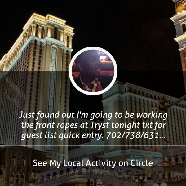 JustinVegasVIP's tweet photo. Just found out I'm going to be working the front ropes at Tryst tonight txt for guest list... shared via @CircleApp http://t.co/HiiG3dp5MO