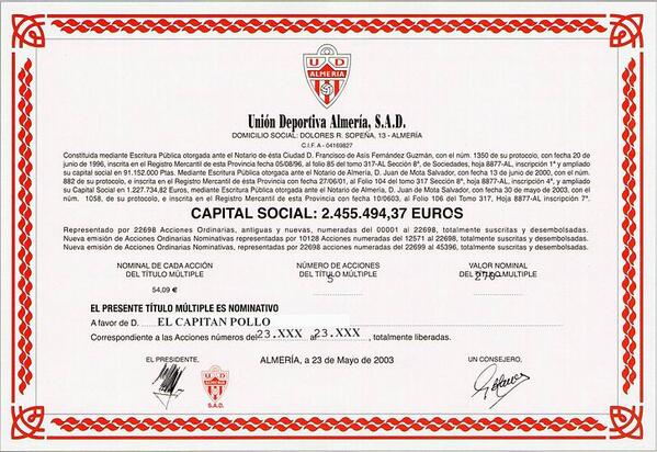 ElCapitanPollo's tweet image. ElCapitanPollo es accionista de la UD Almería. Posee 12 títulos. Un minúsculo trocito del club es de su propiedad.