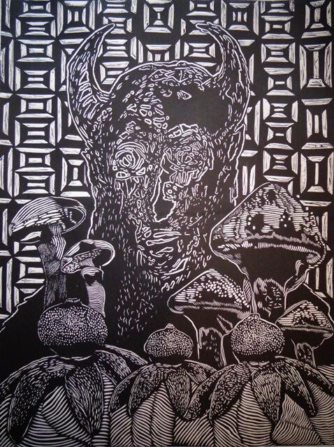 Hongos_unam's tweet photo. “El espíritu de la estrella de Tierra”, grabado de Eduardo Martínez Monroy, en la XV Exposición Nacional de Hongos. http://t.co/q3hfj90BM3