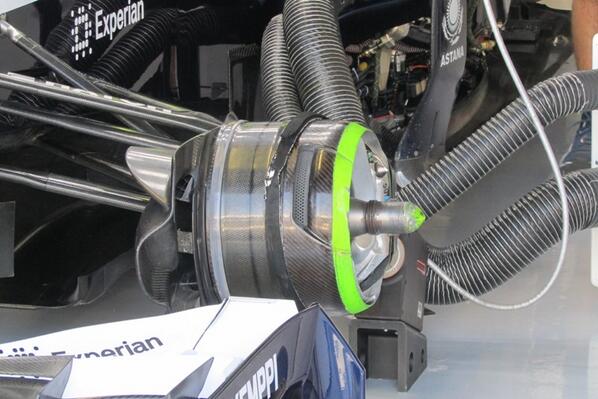 ScarbsTech's tweet photo. Williams non blown axle effect partly replaced by ducted flow through the outer brake drum #MonzaTech http://t.co/2ojU7VtjB4