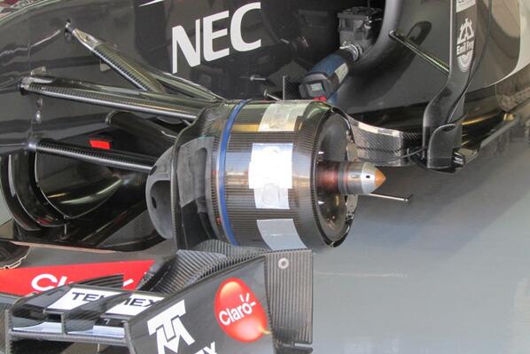 ScarbsTech's tweet photo. Sauber - Brake ducts covered over with aluminium tape to prevent heat passing into the wheel\tyre #MonzaTech http://t.co/MfgeNauOHb