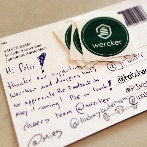 peterpeerdeman's tweet image. Thanks for the card, stickers and love @wercker, you've got yourselves an ambassador! #developervelocity