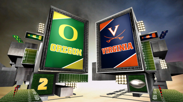 ESPNCFB's tweet photo. Take Your Pick: #2 Oregon (Retweet) or Virginia (Favorite)
#UOvsUVA on ABC/ESPN2, 3:30 ET http://t.co/CgciObTqQn http://t.co/dkqajugJUX