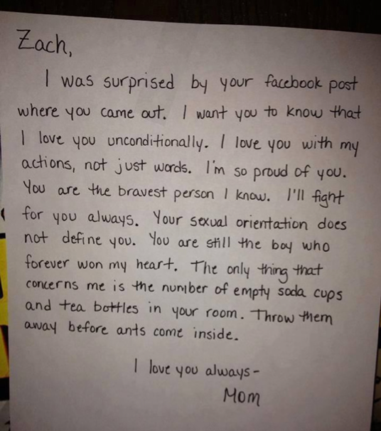 Zach came out on Facebook. His mother saw it. This was her note to Zach. (pic)