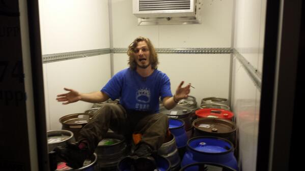 berwickbeerfest's tweet photo. Rikki from #BearClawBrewery sitting on top of about 2500 pints worth of emptys after last night http://t.co/wJ6t7S2dc4