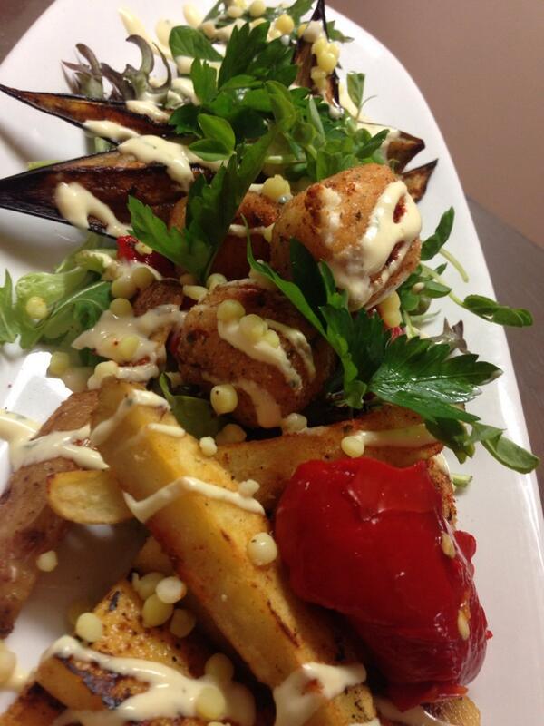 Madspud's tweet photo. Today's Special Grilled Polenta &amp; Eggplant Salad Crispy Kipfler, chilli crusted feta , CousCous &amp; minted yoghurt $15 http://t.co/lmMQpMJiIq