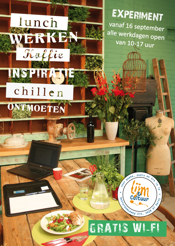 Experiment alle werkdagen open van 10-17: koffie, werken, lunch, inspiratie; met gratis wi-fi en bijzondere ambiance!