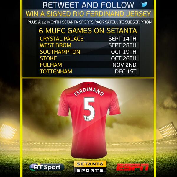 eirSport's tweet photo. WIN: RT &amp; Follow for a chance to win SIGNED @rioferdy5 jersey &amp; a 12 month Setanta subscription http://t.co/xVtrnv7FgV
