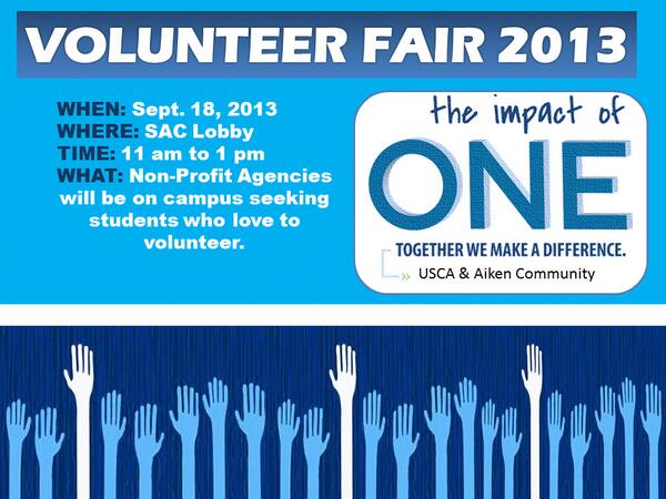 USCAImpact's tweet photo. IMPACTS NEXT EVENT: Volunteer Fair! #impact #volunteerfair #pacerforever #USCA2013 http://t.co/3V5xvMlV7m