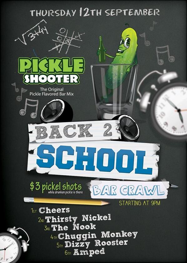 DrunkenPickle's tweet photo. This Thursday - #Back2School #pubcrawl - Hosted by yours truly!  #pickleshots #ATX http://t.co/LlXbGLaOTA