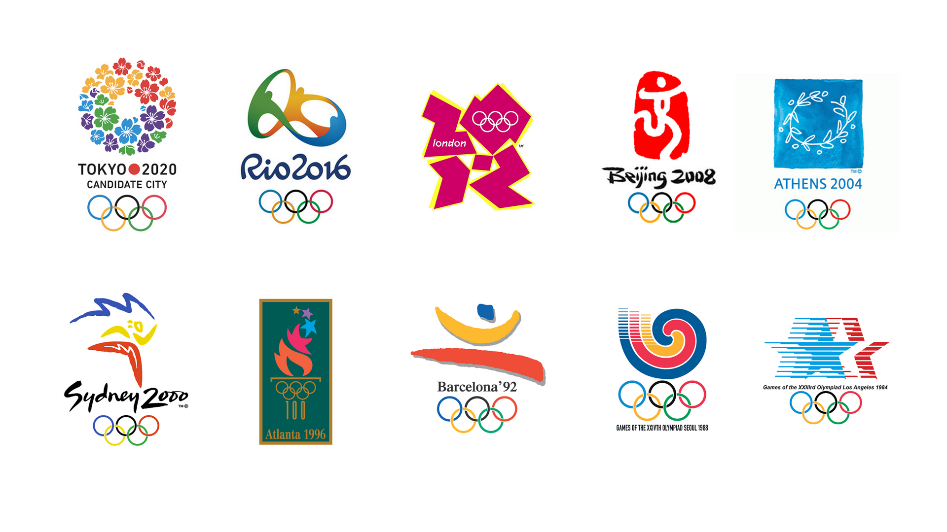 東京オリンピック Tokyo En Twitter Rt 歴代オリンピックエンブレム 東京 16リオ 12ロンドン 08北京 04アテネ 00シドニー 1996アトランタ 1992バルセロナ 19ソウル 1984ロサンゼルス T Co Tvwsw2hmrt Twitter