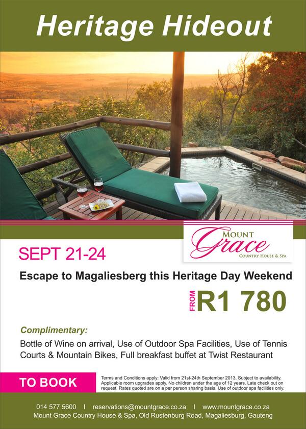 MountGrace's tweet image. Escape to @MountGrace this Heritage Day Weekend!  From R1780; valid from 21 to 24 September 2013. Call 014 577 5600!