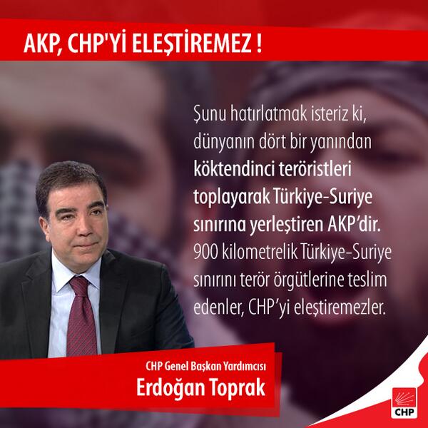 Genel Başkan Yardımcısı <a href="/EToprakCHP/">Erdoğan Toprak</a>; Başbakan CHP’yi terör örgütleriyle ilişkilendirmek gibi bir hata yapıyor.