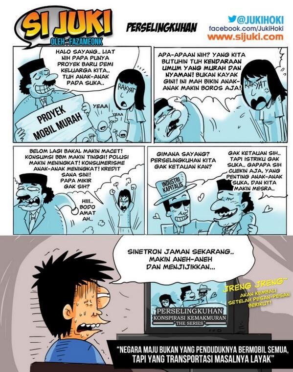 JukiHoki's tweet photo. #KomikStripJuki tentang perselingkuhan konspirasi kemakmuran mobil murah http://t.co/9aCyIqde2A