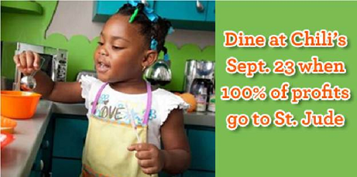 Chilis's tweet photo. It's here! Today we're donating 100% of our net profits to @StJude for dine in &amp; to go! RT if you're coming today! http://t.co/5rBaiMS1BJ
