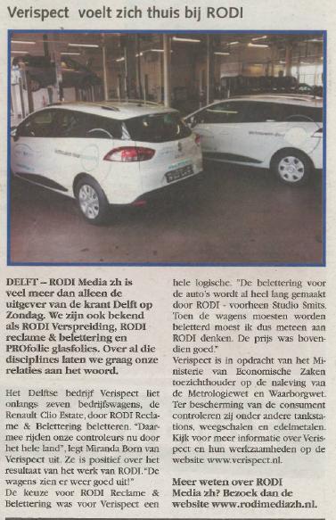 Verispect en RODI Media in de -Delft op Zondag - over de nieuwe bedrijfswagens.