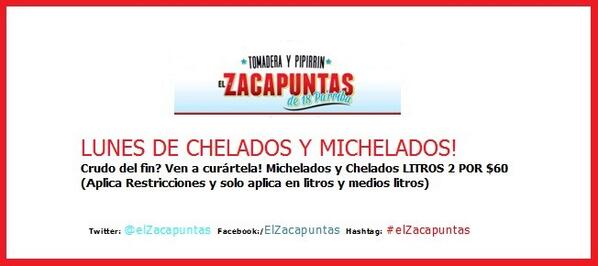 ElZacapuntas's tweet photo. Lunes de chelados y michelados! 2 litros x 60 pesos! http://t.co/NaurHWGeDD
