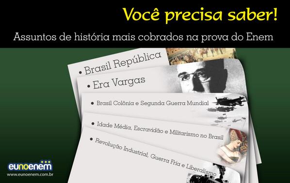 eunoenem's tweet photo. Que conteúdos foram cobrados em história nos exames passados do ENEM? Relembre! http://t.co/SduwvgM09b