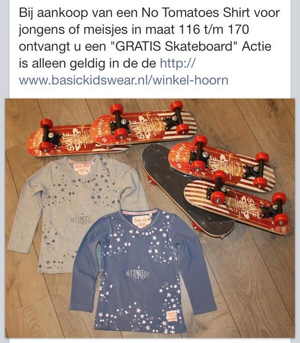 Gratis skateboard bij aankoop shirt No Tomatoes. basickidswear.nl/winkel-hoorn