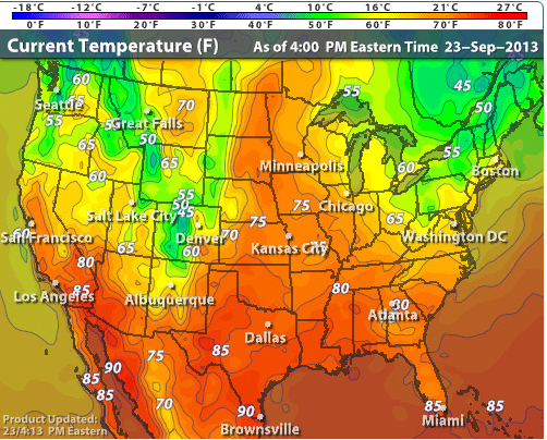 intellicast's tweet photo. Here's a snapshot of current #temps across the U.S. How's the #weather where you are? #fall http://t.co/h27uRzRZmj