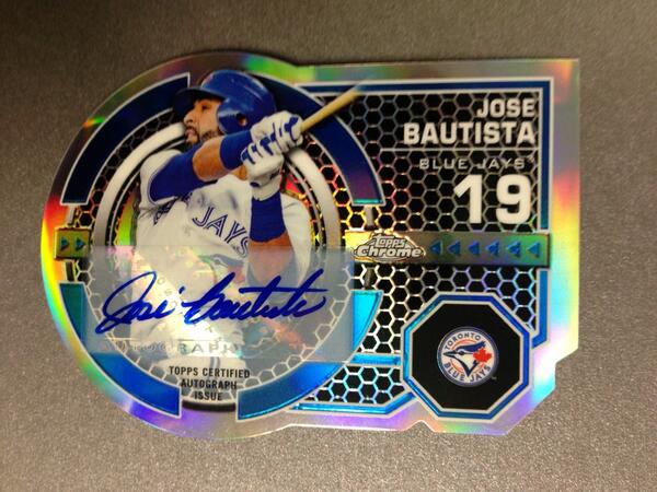 Topps's tweet photo. Chromed out @JoeyBats19 Dynamic Die cut auto @BlueJays Topps Chrome baseball! #letsgo! #DieCutCrazy http://t.co/0fsBIjvNGn